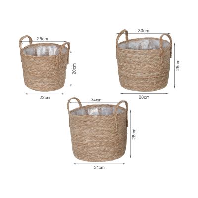 Woven Straw Basket with Handle Planter pot 3PCS