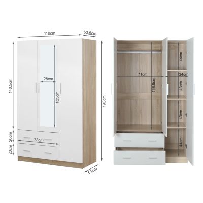 Bram 3 Door Wardrobe Cabinet with Mirror - Oak + White