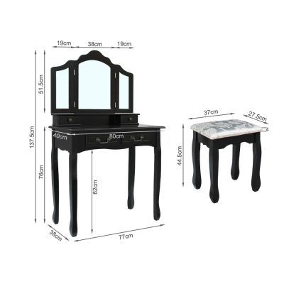 HEPATICA Dressing Table with Tri-folding Mirror Set 2PCS - BLACK