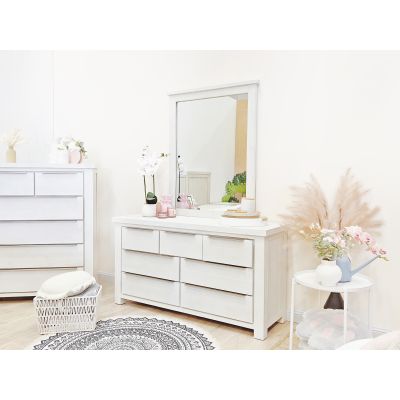 LINCOLN Soild Wood 7 Drawer Dresser with Mirror - WHITE