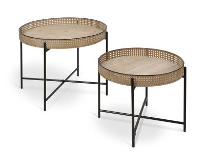 Side Table Set of 2 Round Metal Woven
