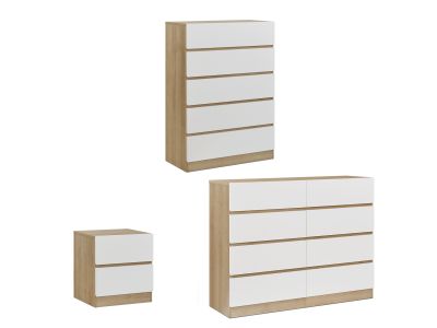 Harris Bedroom Storage Package 3PCS with Tallboy 5 Drawer - Oak + White