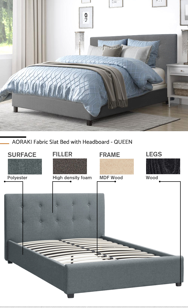 AORAKI Fabric Slat Bed with Headboard - QUEEN BED
