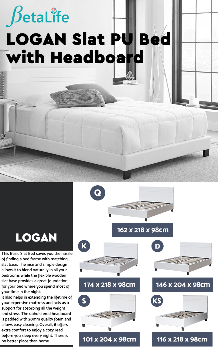 LOGAN QUEEN Slat PU Bed with Headboard - WHITE