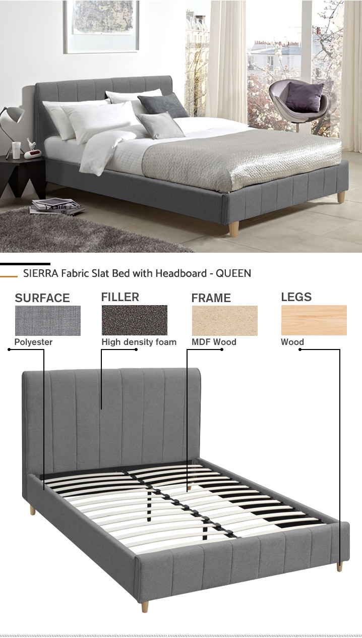 SIERRA Fabric Slat Bed with Headboard - QUEEN BED