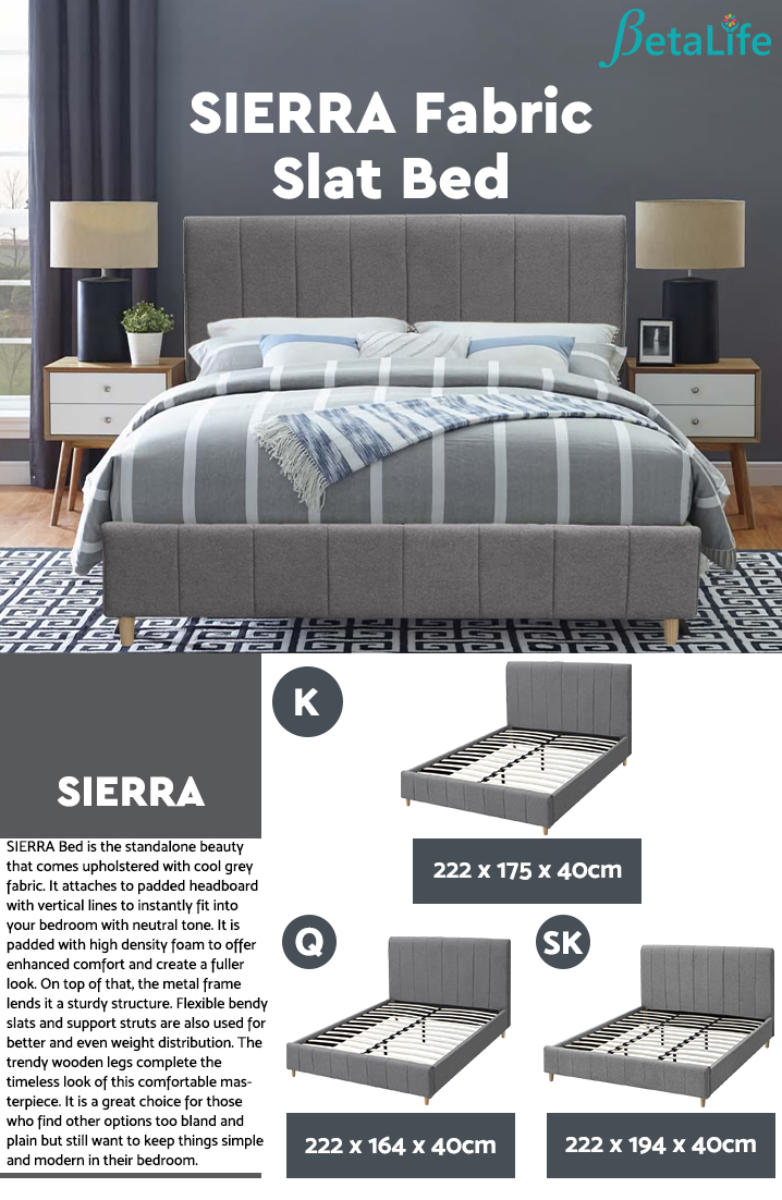 SIERRA Fabric Slat Bed with Headboard - KING BED