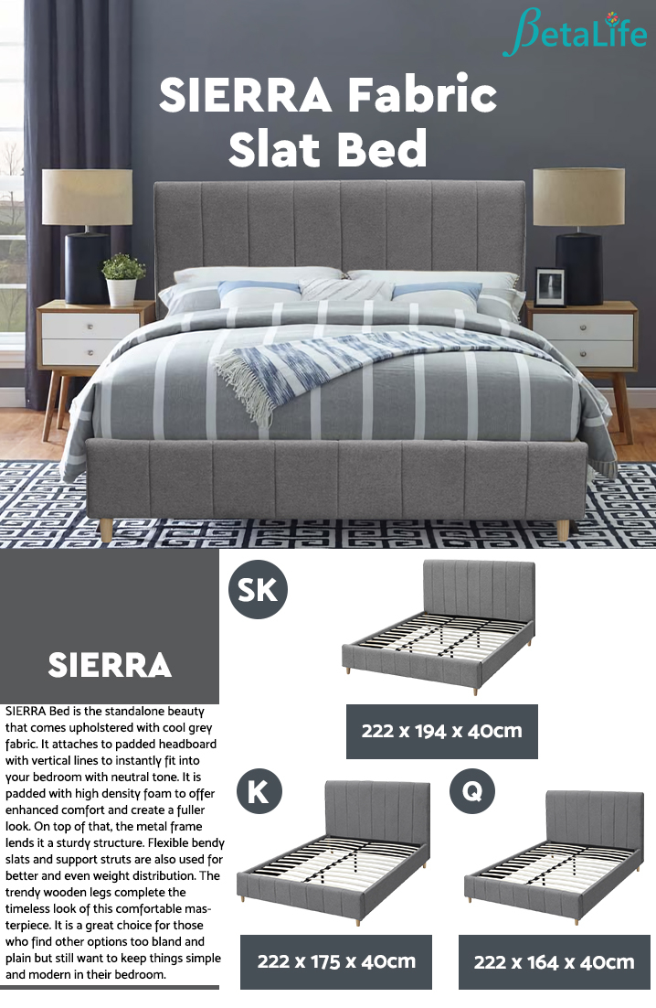 SIERRA Fabric Slat Bed with Headboard - SUPER KING BED
