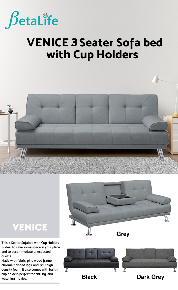 VENICE 3 Seater Sofa bed with Cup Holders - GREY